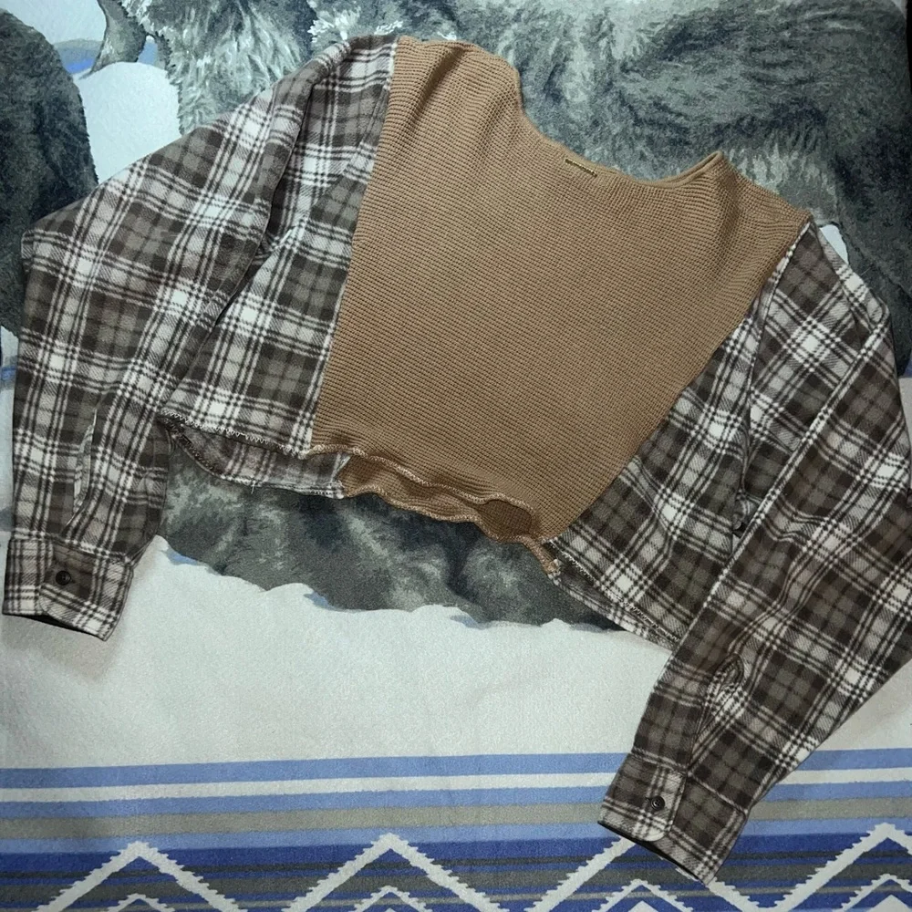 Micheal Kors Sweater x Wrangler Fleece Brown and Tan Plaid Cropped Sweater S - Picture 4 of 5